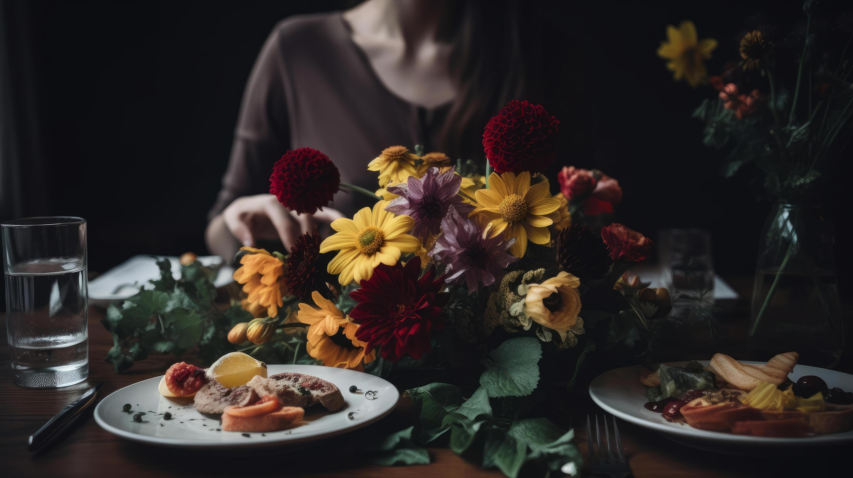 Woman sitting with flower bouquet by food on dining table Illustration Stock Free