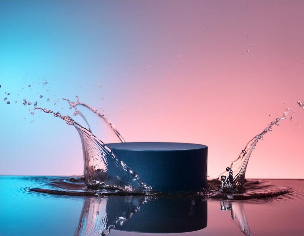 empty blue podium mockup with water splash on a gradient background for product display Stock Free