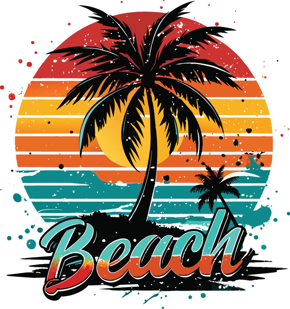 Beach design with palm trees and sun on the background, illustration Free Vector