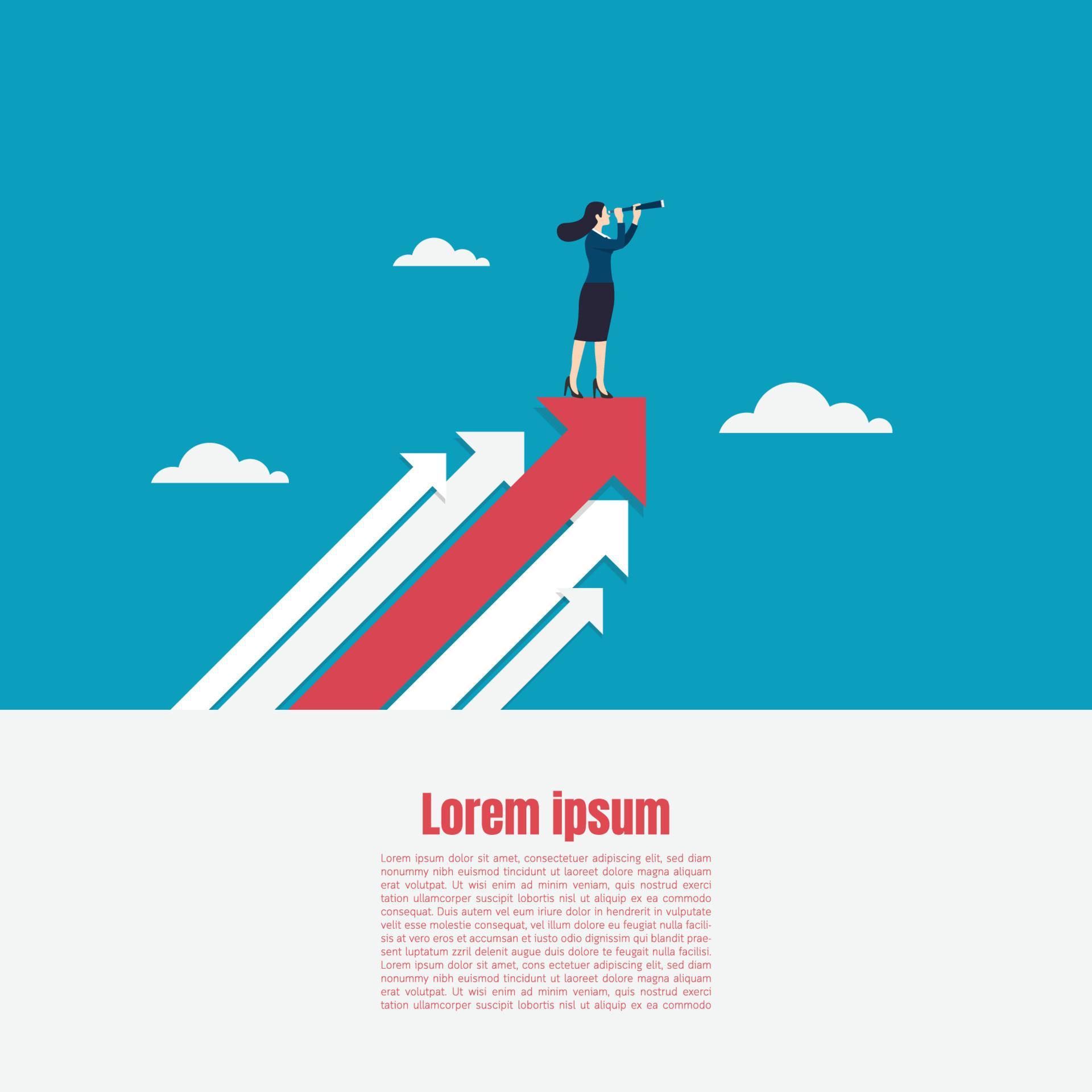 Business woman holding telescope standing on red arrow up go to success in career Stock Free