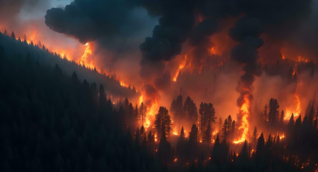 Forest fire disaster illustration. Damaged environment caused by global warming. wildfire nature destruction Free Photo