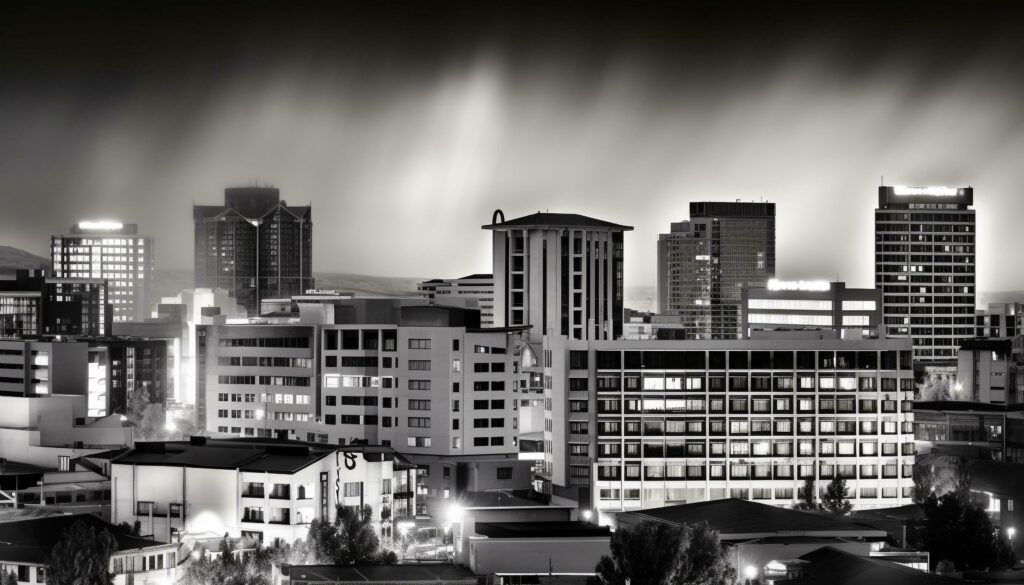 Modern city skyline illuminated by street lights at dusk generated by AI Stock Free