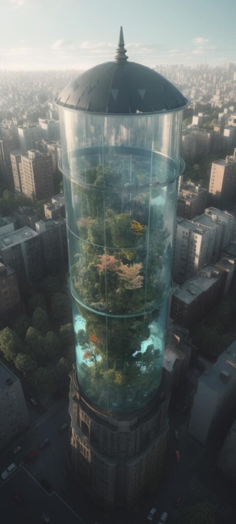 aerial view of a giant fish tank shaped like a tower in the middle of new york city, Generate Ai Stock Free