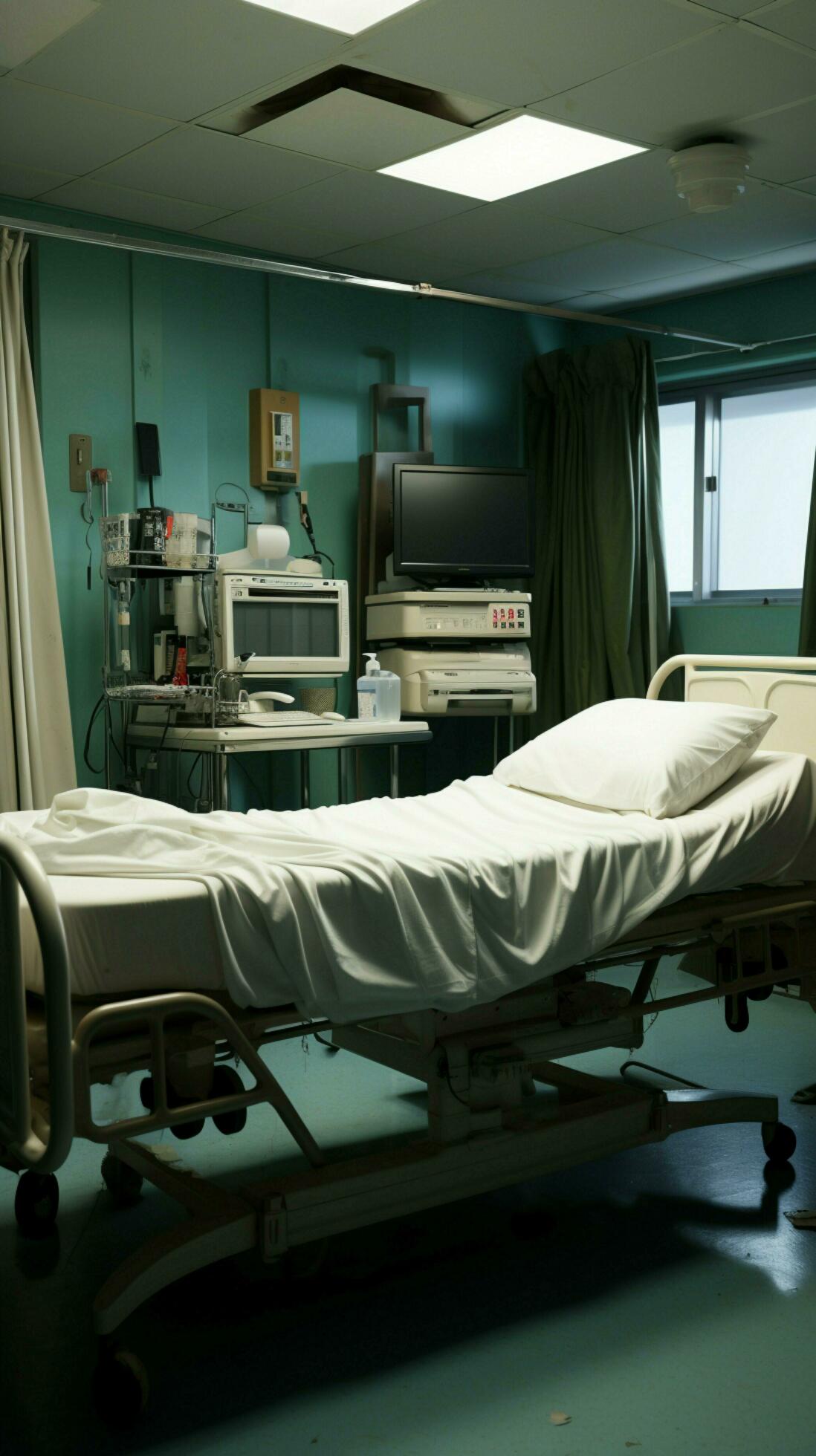 An unoccupied hospital room contains a lone bed, devoid of human presence. Vertical Mobile Wallpaper AI Generated Stock Free