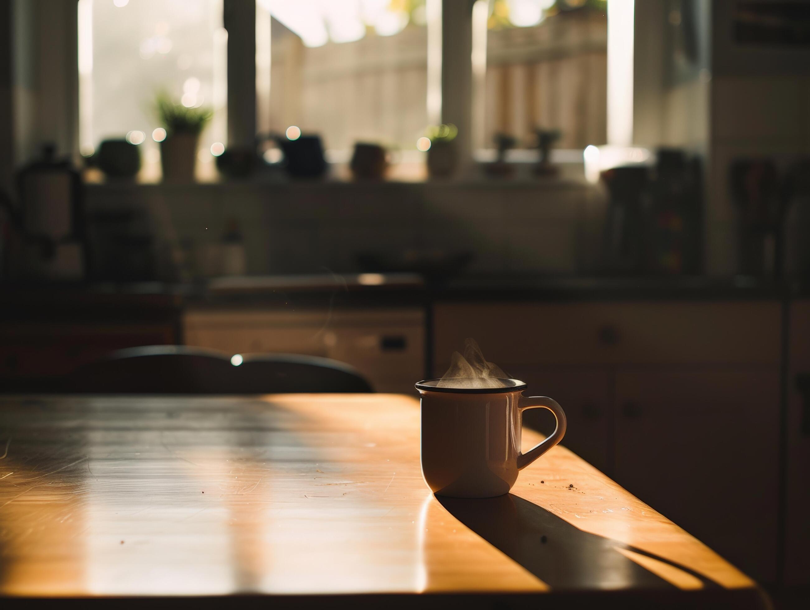 Sunlit kitchen featuring a wooden table with a coffee cup, natural light and cozy atmosphere, home and lifestyle concepts Stock Free