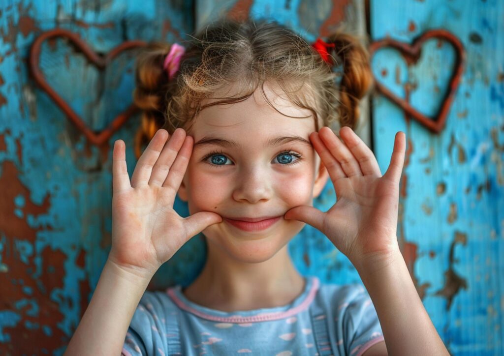 A joyful little girl raising her hands on her face generated by AI. Free Photo