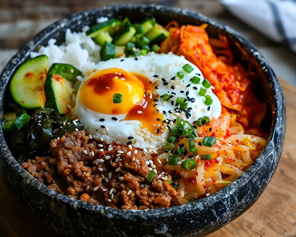 Bibimbap with rice, kimchi and fried egg Free Photo