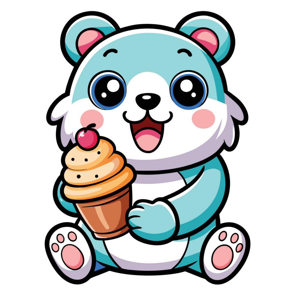 a cute kawaii bear eating ice cream, with clean black outlines, white background Free Vector