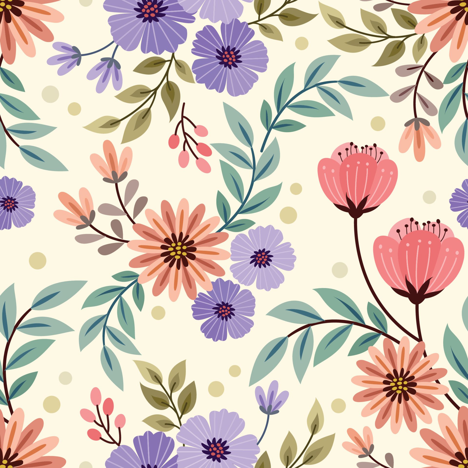 Colorful hand draw flowers seamless pattern. Free Vector