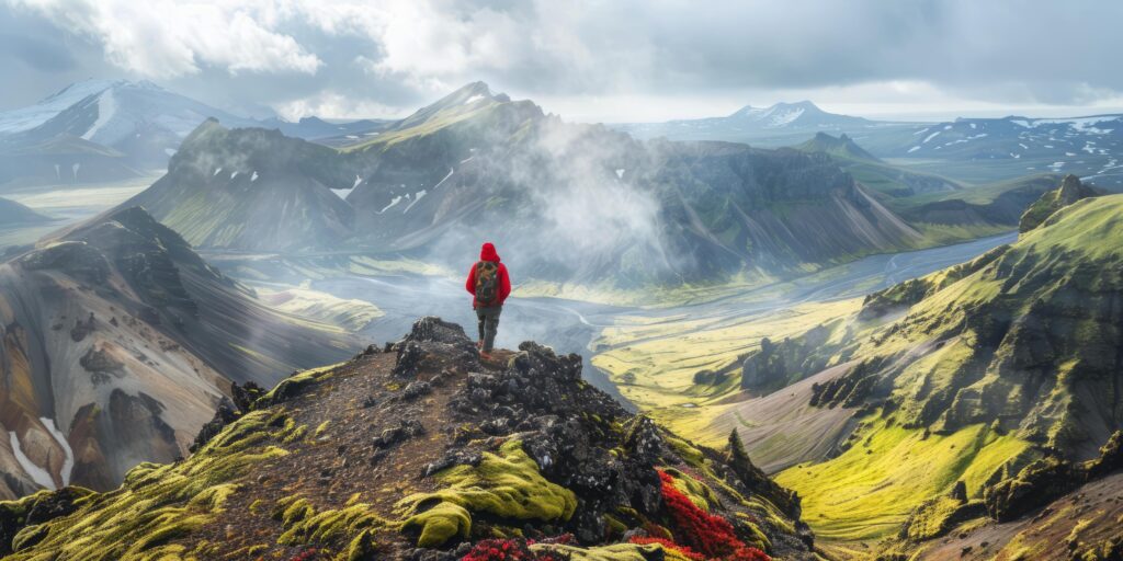 AI generated Travel Adventures Exciting image of a person exploring a breathtaking mountain landscape, inspiring wanderlust Stock Free