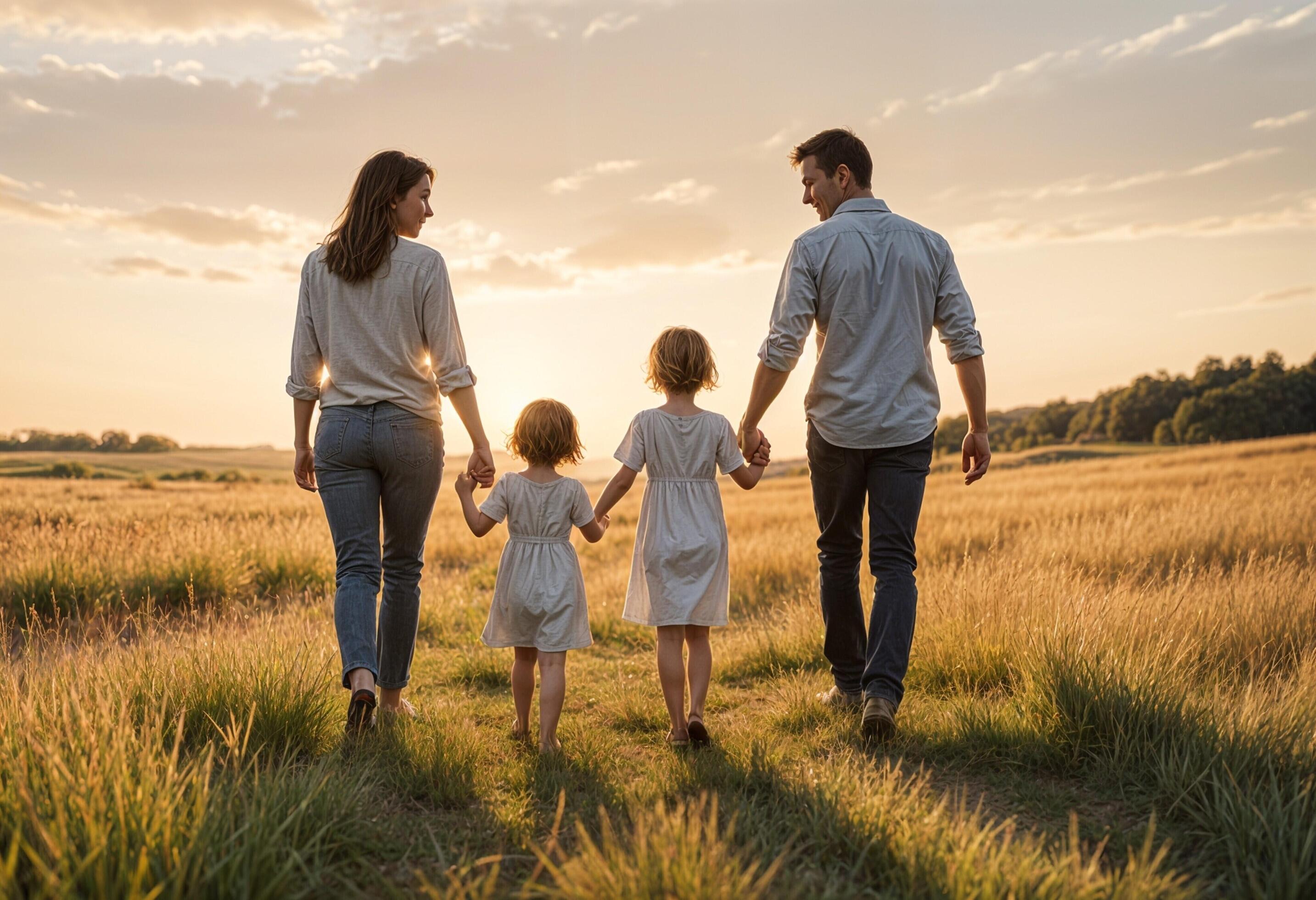 Family Day and Family Unity Concept A family of four walking through a grassy field at sunset Stock Free