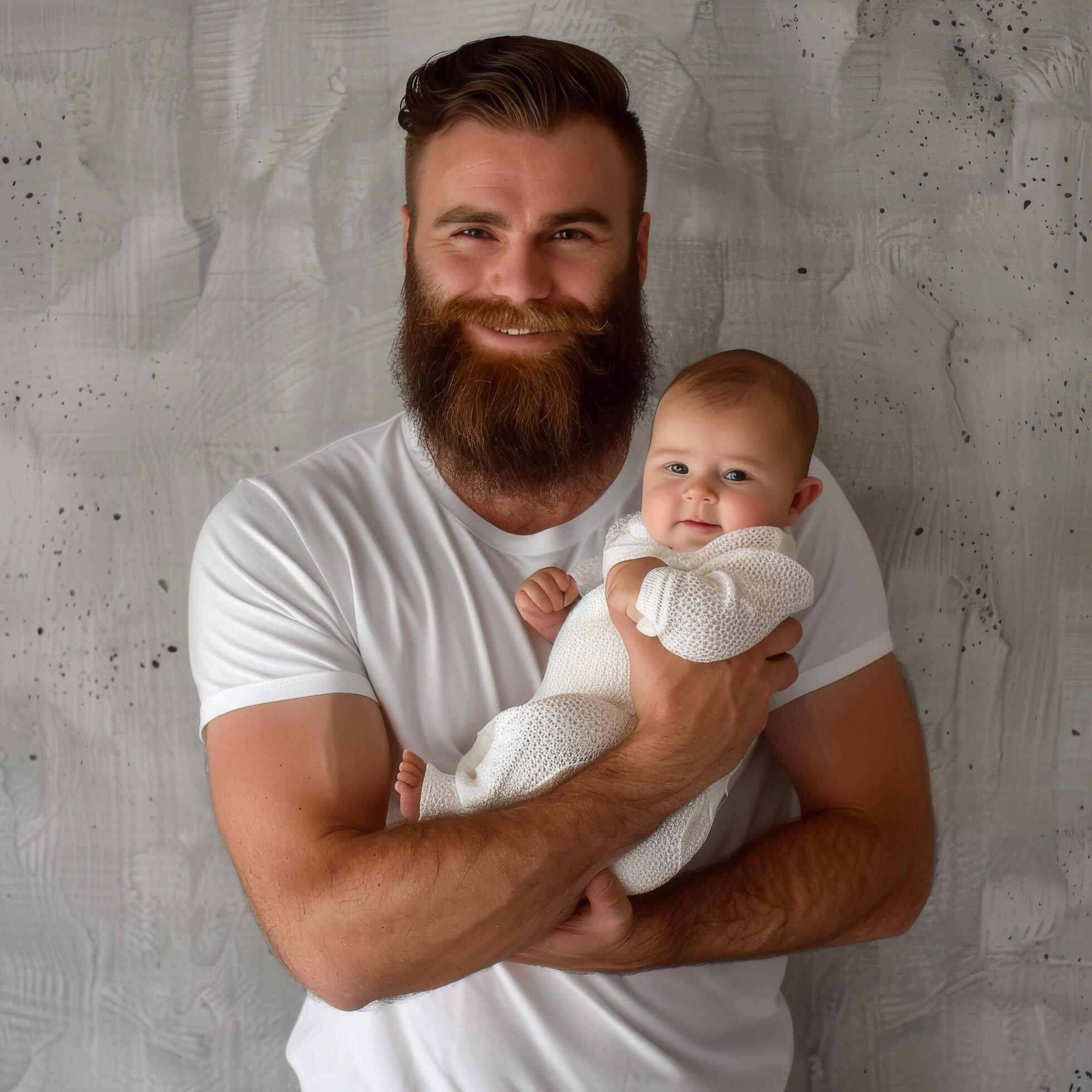 Affectionate bearded father holding his baby perfect for family related content Stock Free