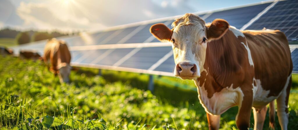 Brown And White Cow Grazing In Field With Solar Panels In Background Stock Free