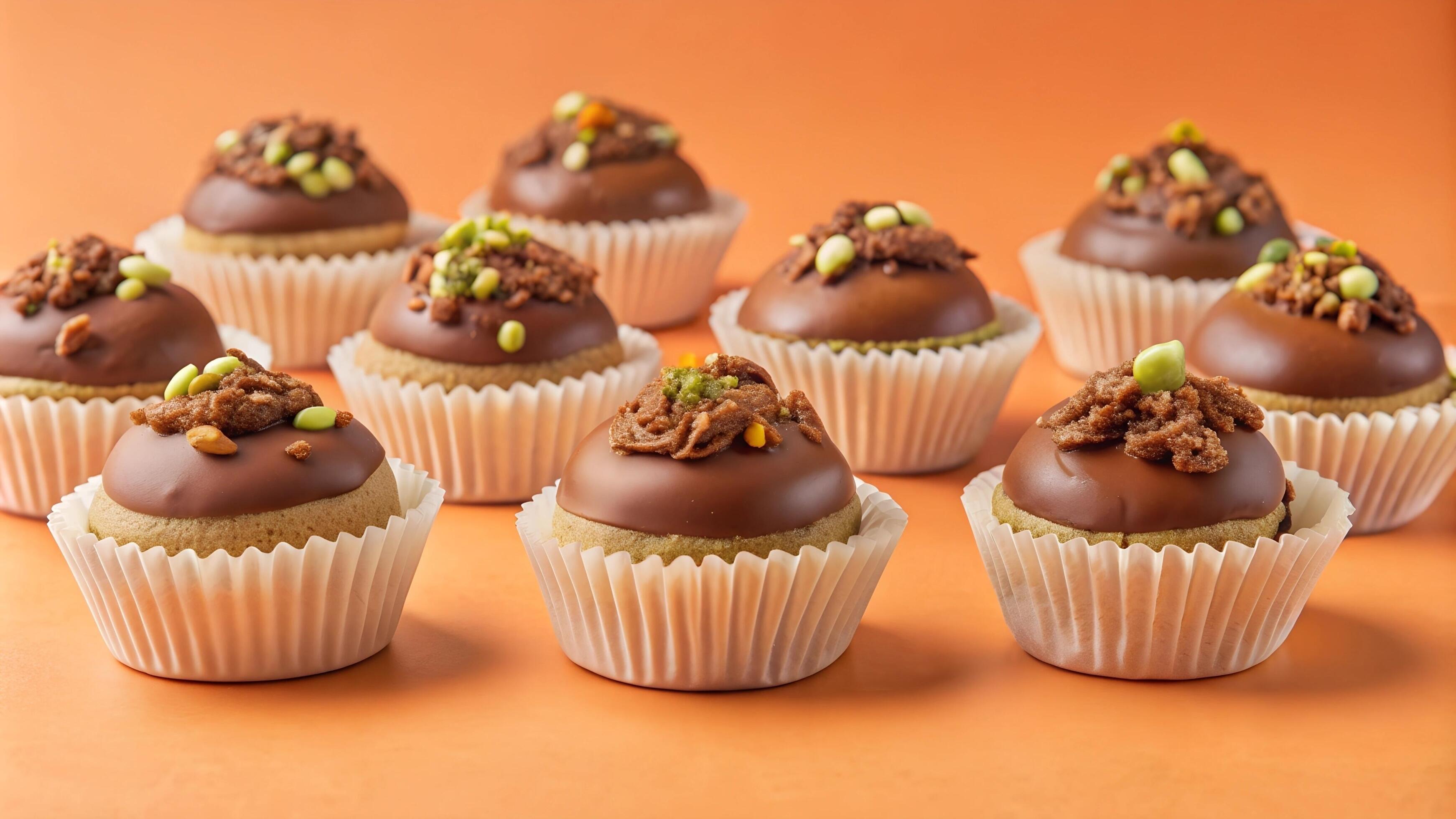 Chocolate truffles pistachio dessert candy food on the orange background Stock Free