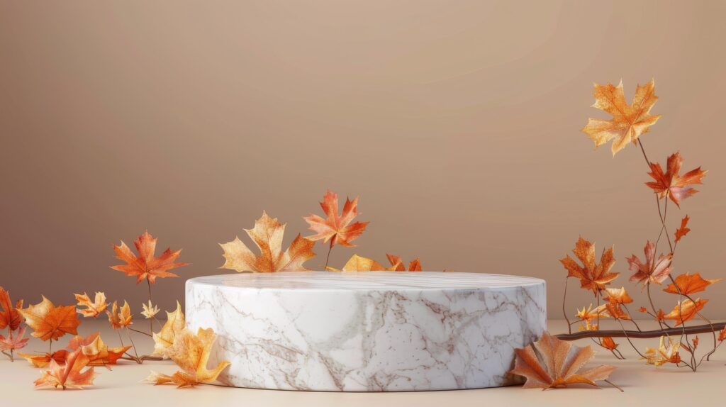 White Marble Platform With Autumn Leaves on Tan Background Stock Free