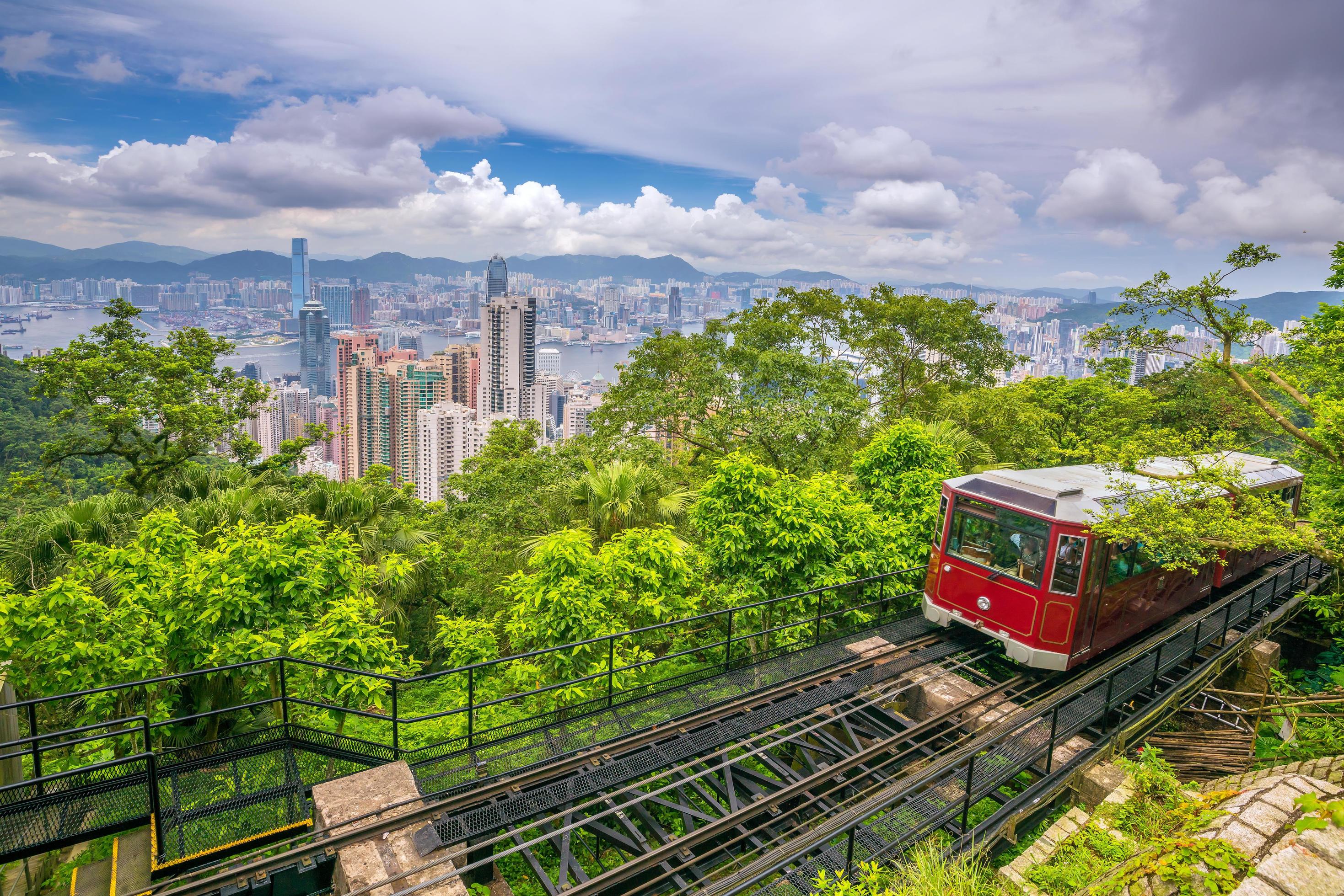 Victoria Peak Tram and Hong Kong city skyline in China Stock Free