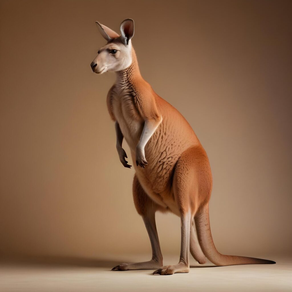 a kangaroo standing on its hind legs in front of a gray background Stock Free