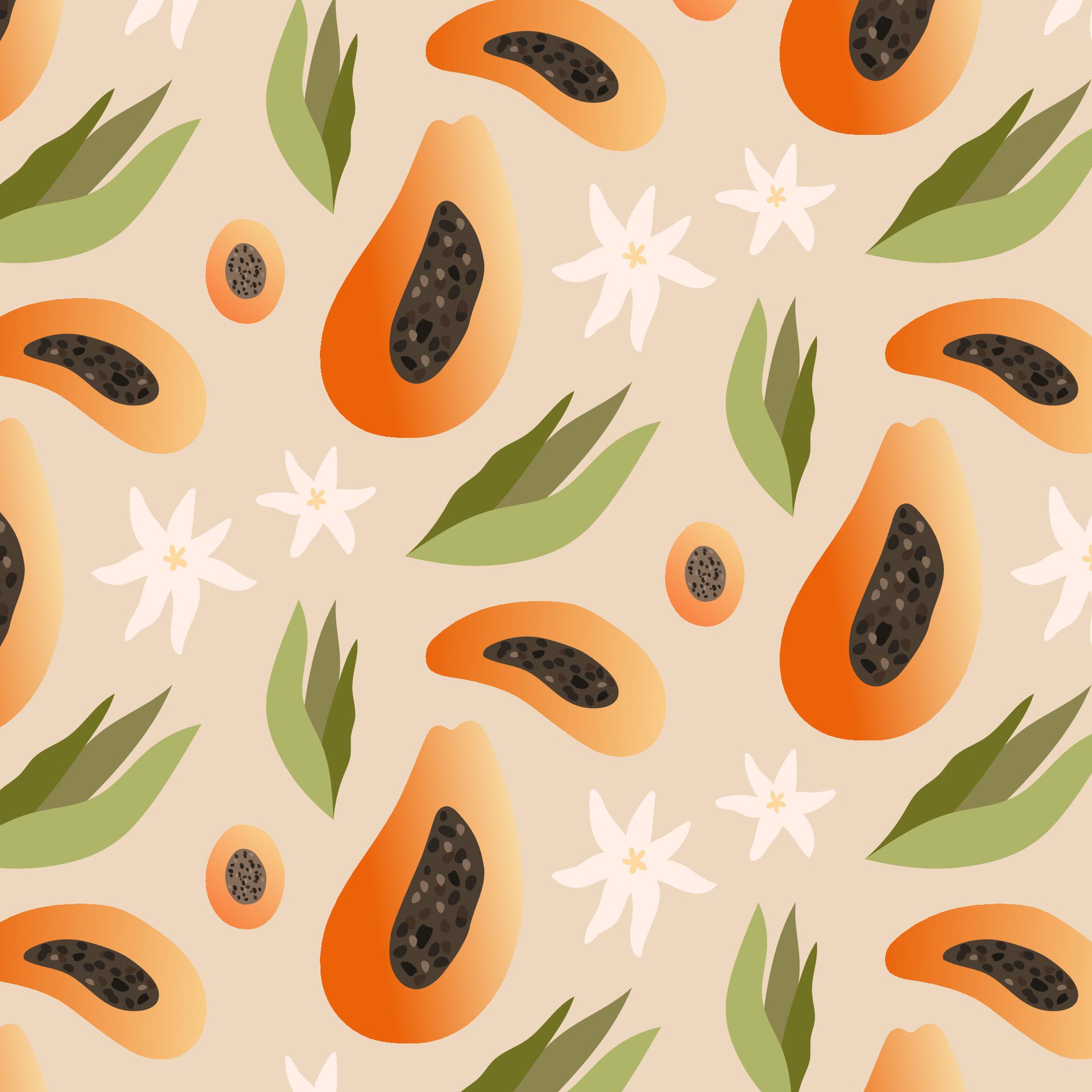 Tropical seamless pattern with colorful exotic half papaya fruit, leaves and flowers on background. Free Vector