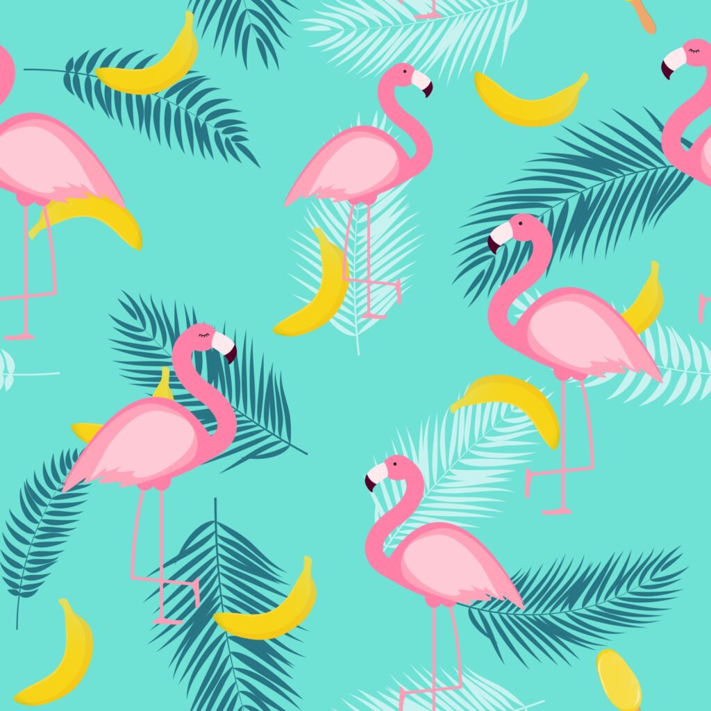 Beautiful Summer Seamless Pattern Background with Palm Tree Leaves Silhouette and Bananas Free Vector