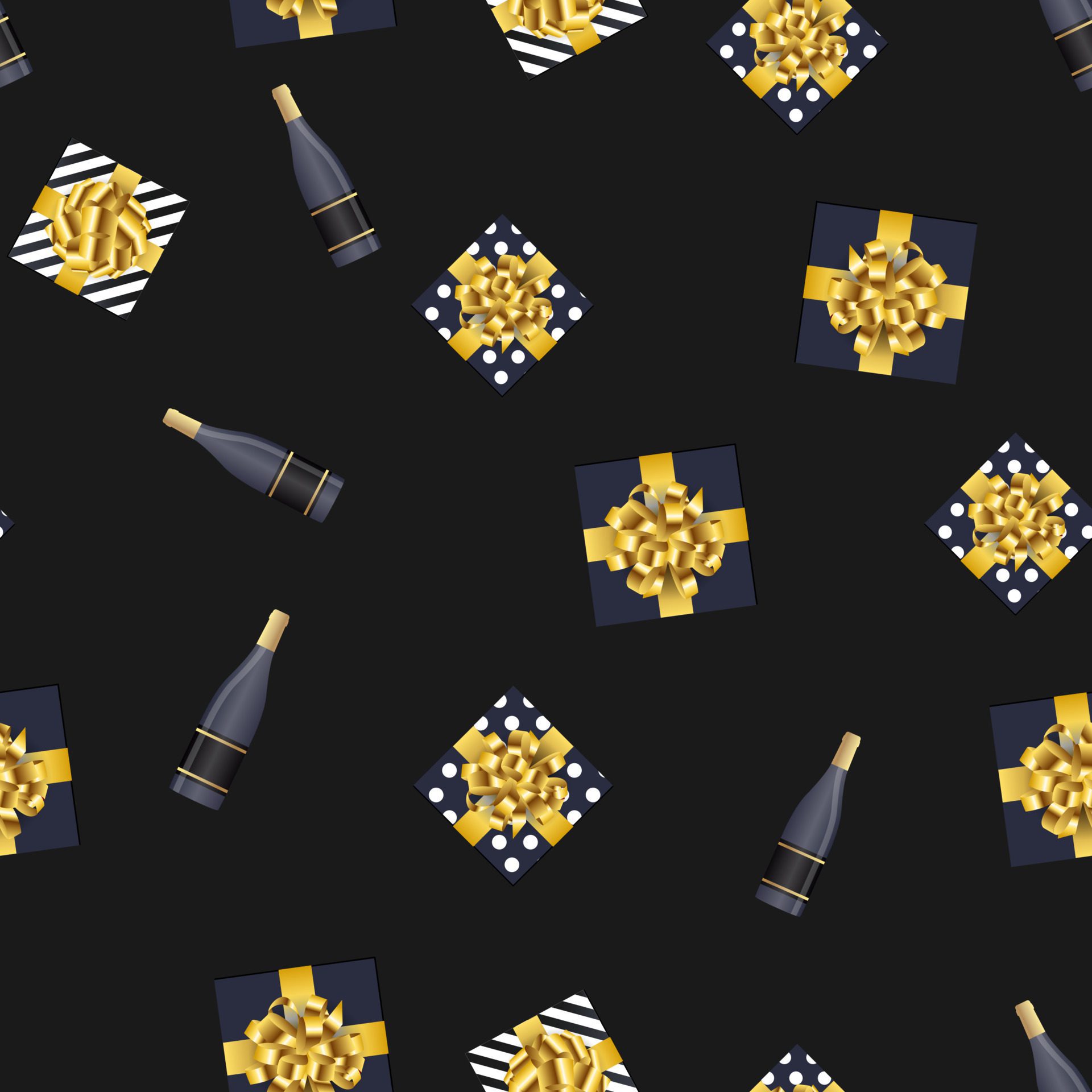 Bottle of champagne and gift box seamless pattern Free Vector