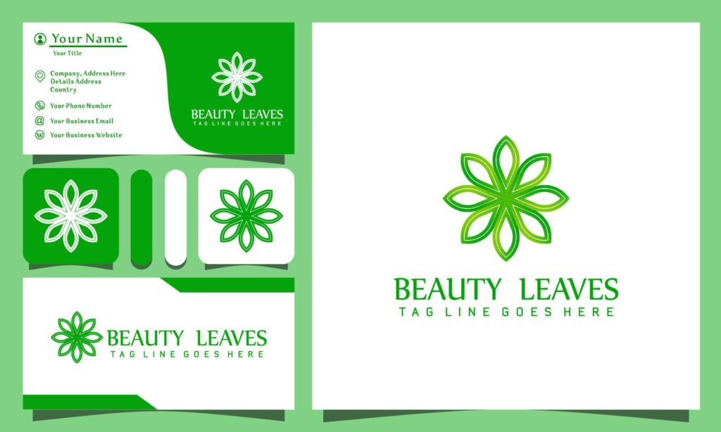 minimalist beauty green leaves logos design vector illustration with line art style vintage, modern company business card template Stock Free