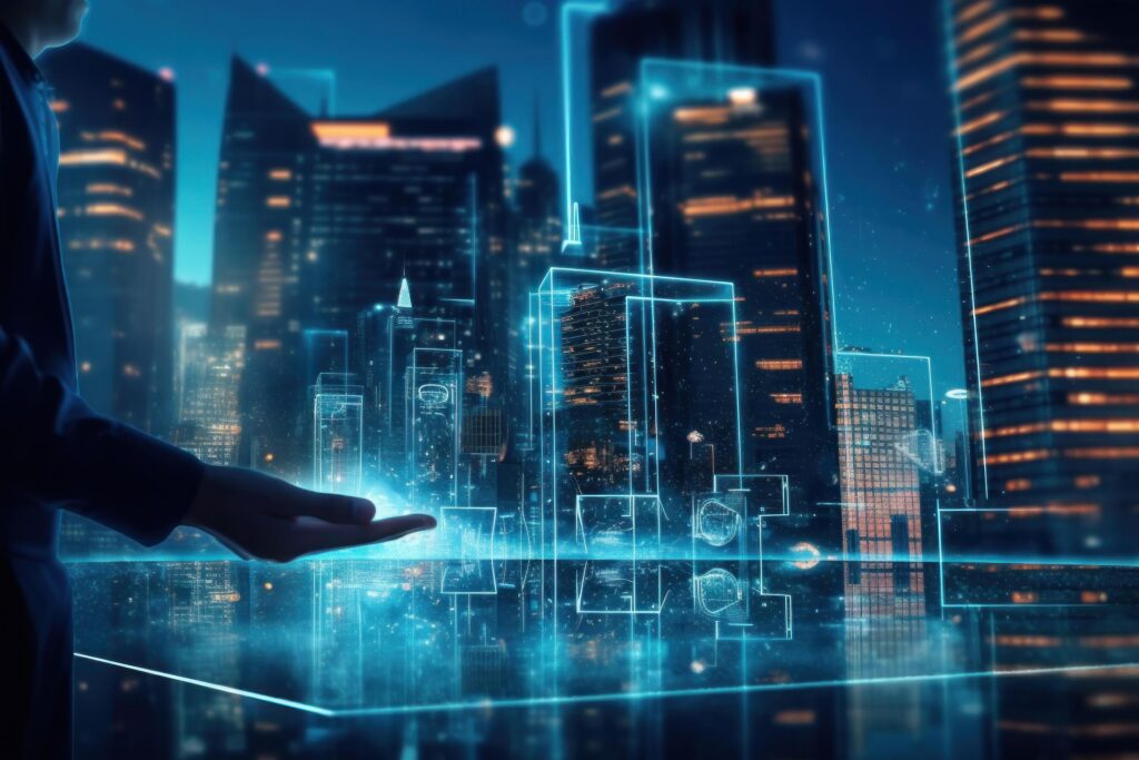 Digital tablet and a hologram of modern buildings. Illustration Stock Free