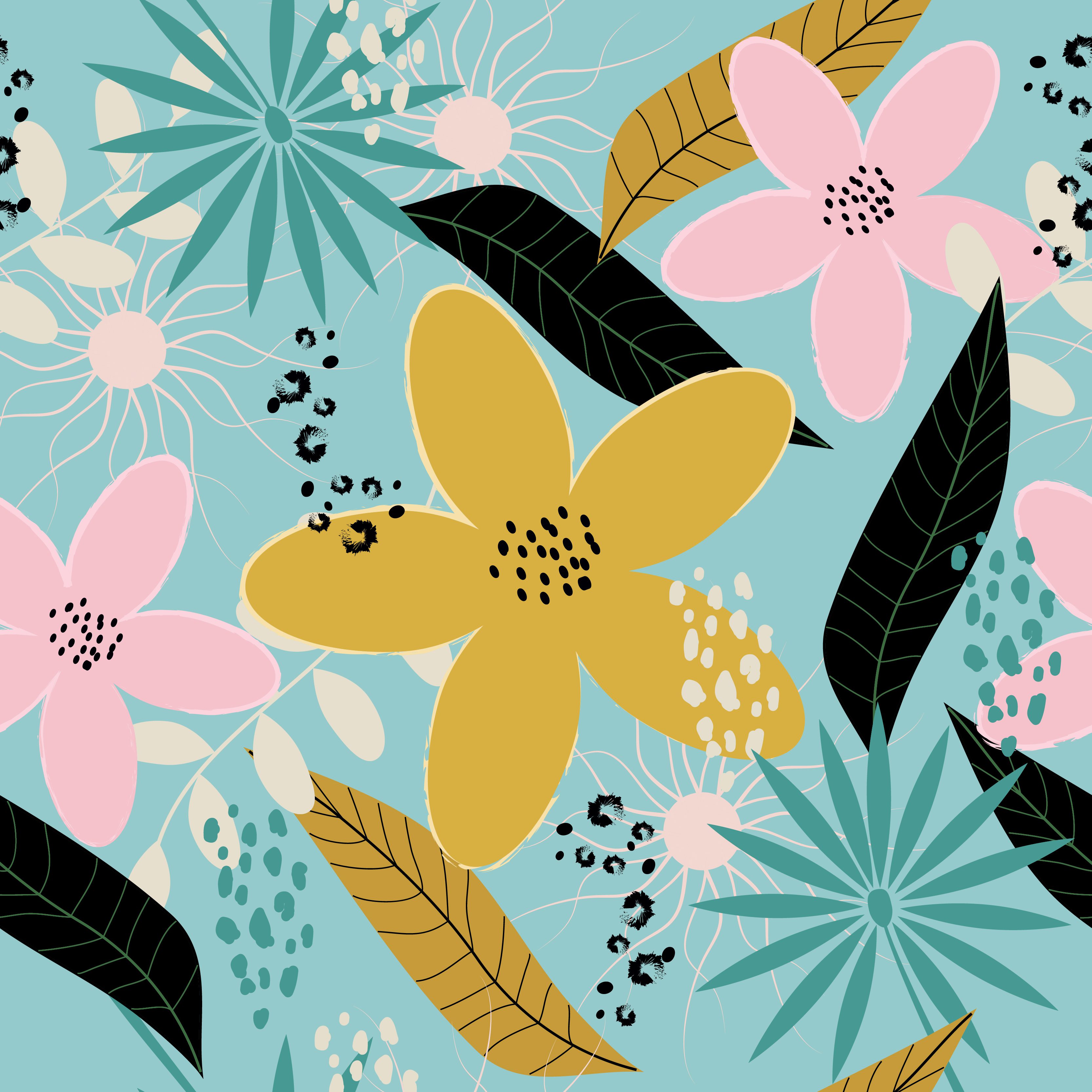 Colorful hand drawn floral pattern on light blue Free Vector