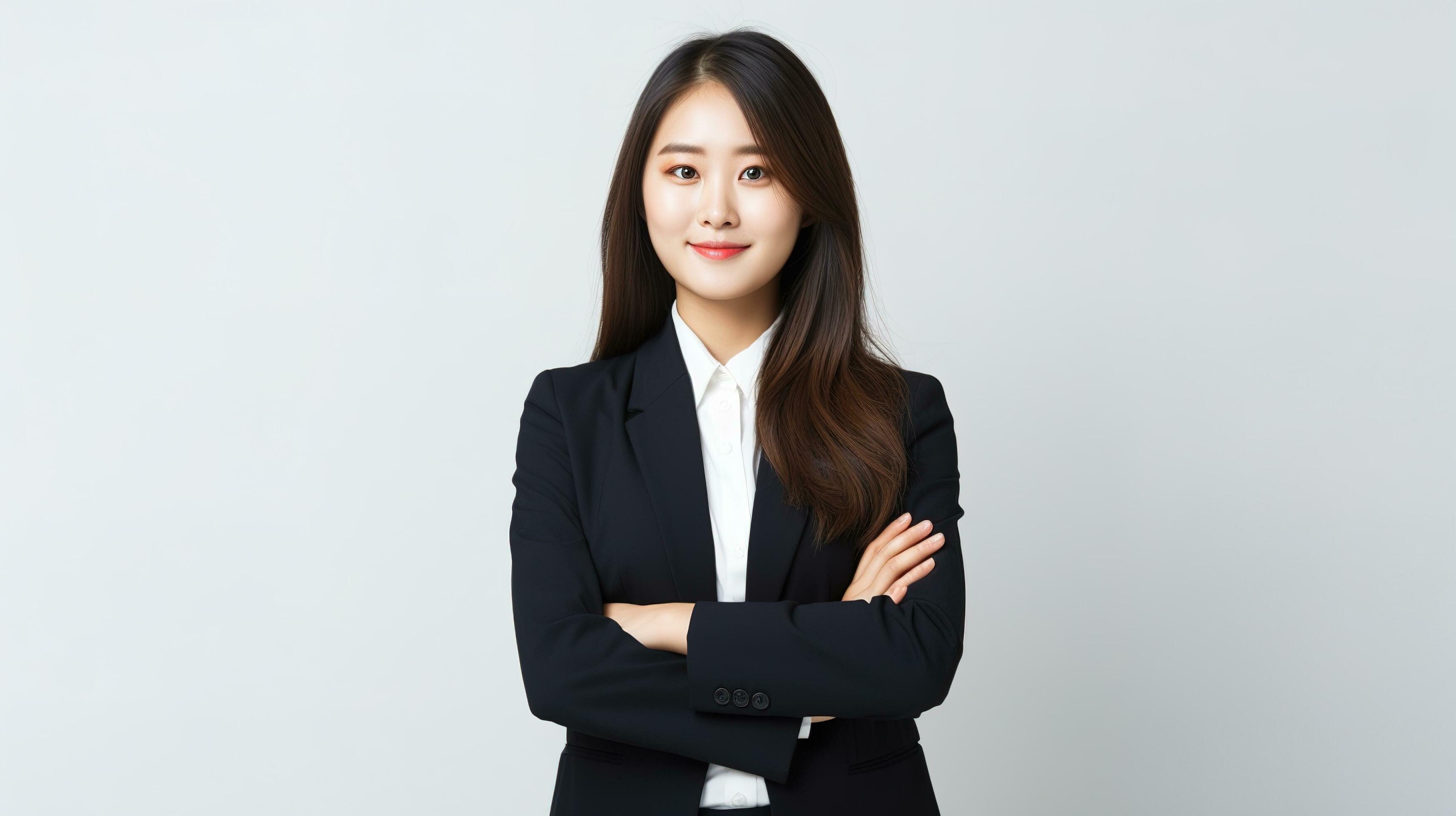 asian business woman standing with arms crossed. AI Generative Stock Free