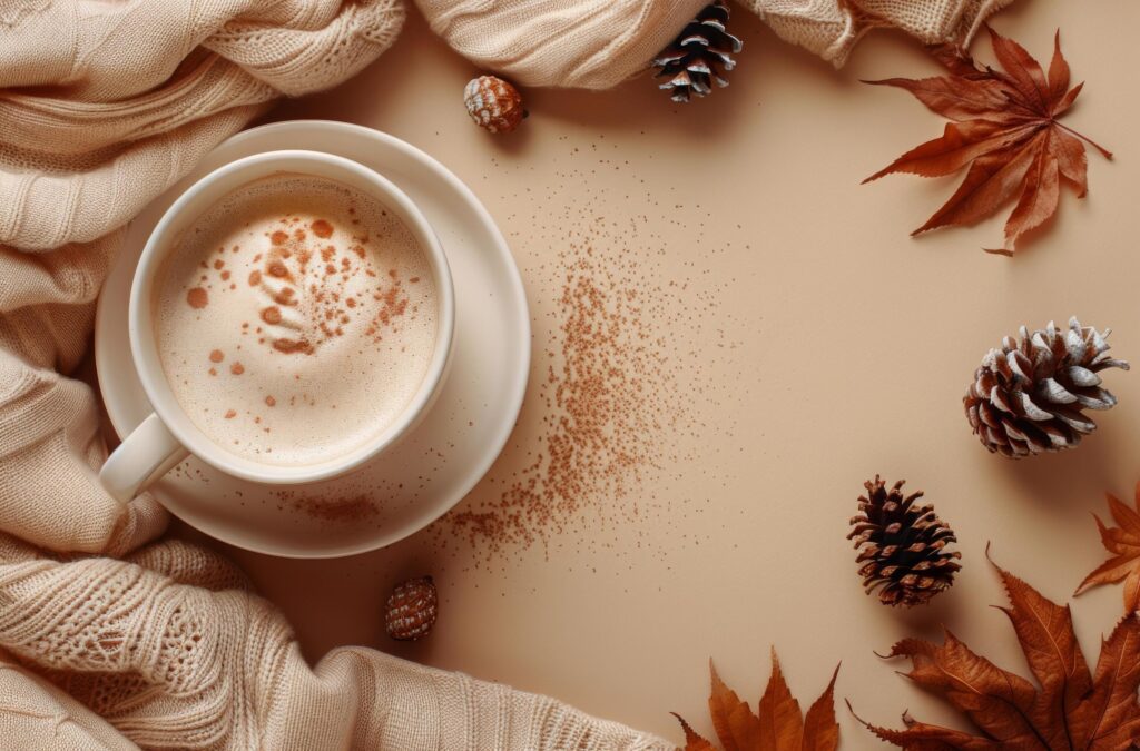 Warm Autumn Drink With Knit Blanket and Fall Leaves on Tan Background Stock Free