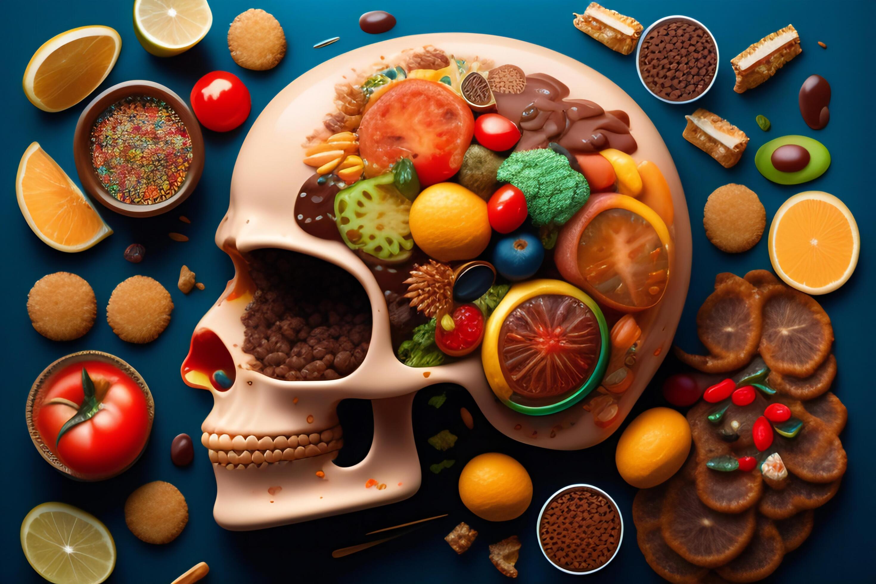 the anatomy of a zoombie head made of junk food. Stock Free