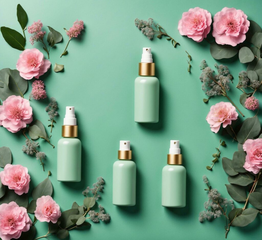 top view of green cosmetic bottles near pink flowers on a turquoise background Free Photo