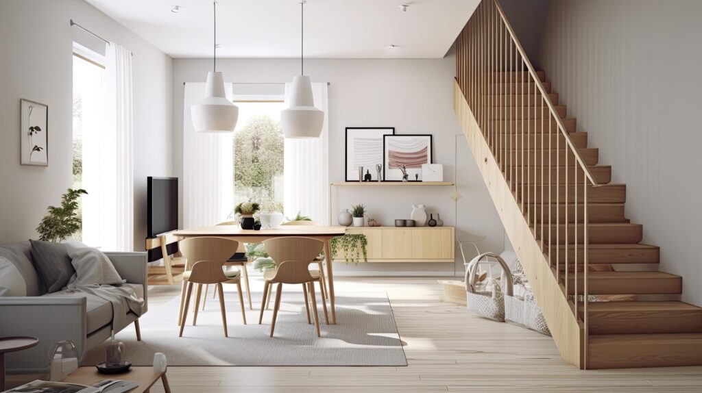 living and dining area with minimalist, functional furniture and a muted color palette, Generate Ai Stock Free