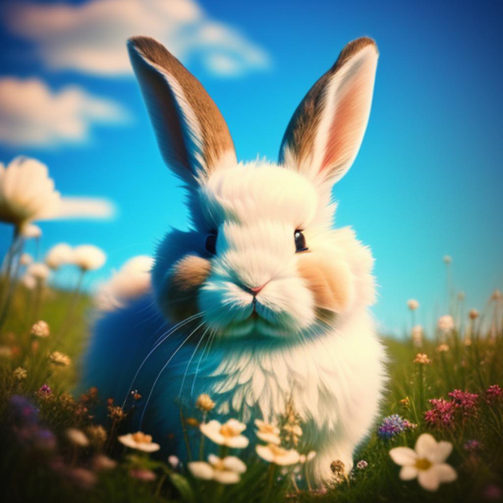 Fluffy bunny, blue skyes, by @ai_generated