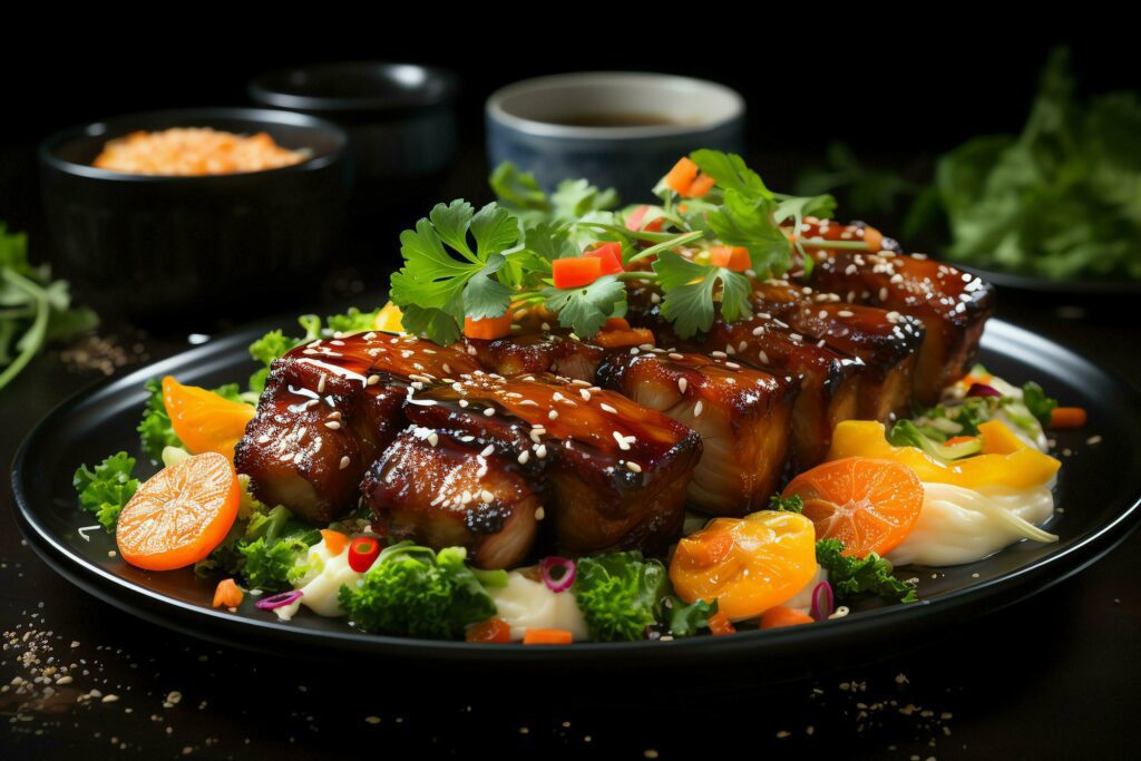 A delicious crispy pork belly fancy on plate. Restaurant food and asian cuisine concept by AI Generated Stock Free