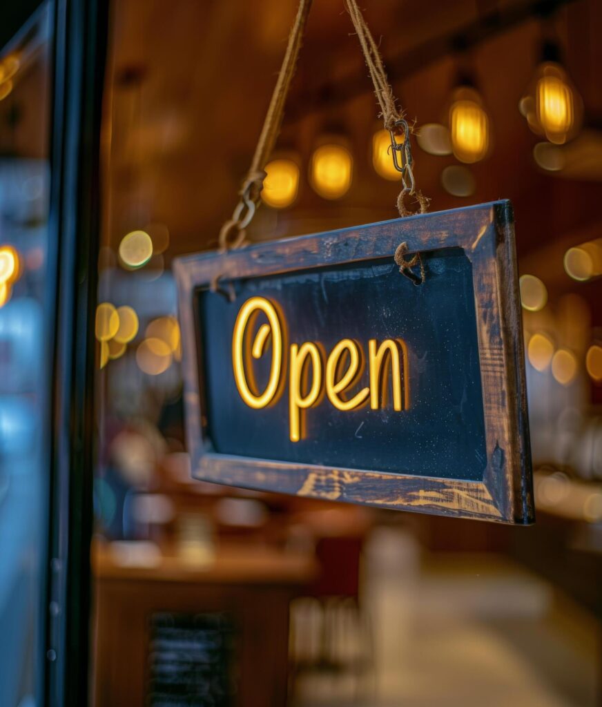 Wooden Open Sign Hanging on Glass Door of a Business Stock Free