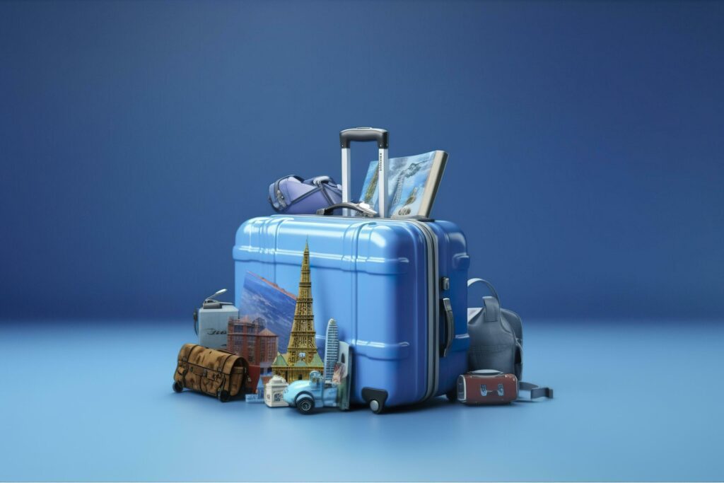 Blue suitcase full of landmarks and travel accessories on blue background. Generative AI Stock Free