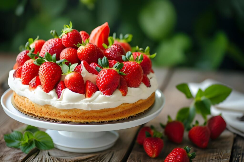 Sweet Spring Indulgence Up-Close Shot of a Luscious Strawberry Shortcake Free Photo