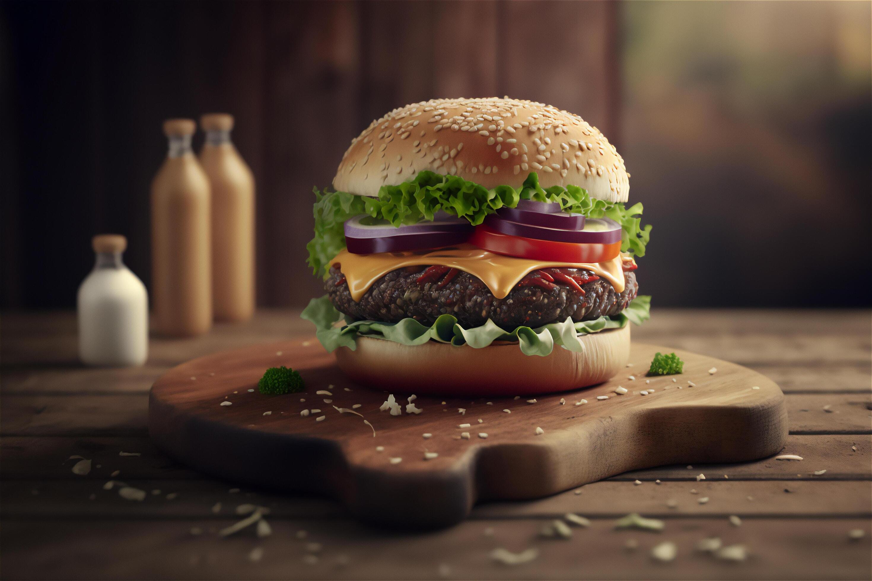 Tasty homemade hamburger on rustic wooden table. Copy space. Advertising. . Fast food snack Stock Free