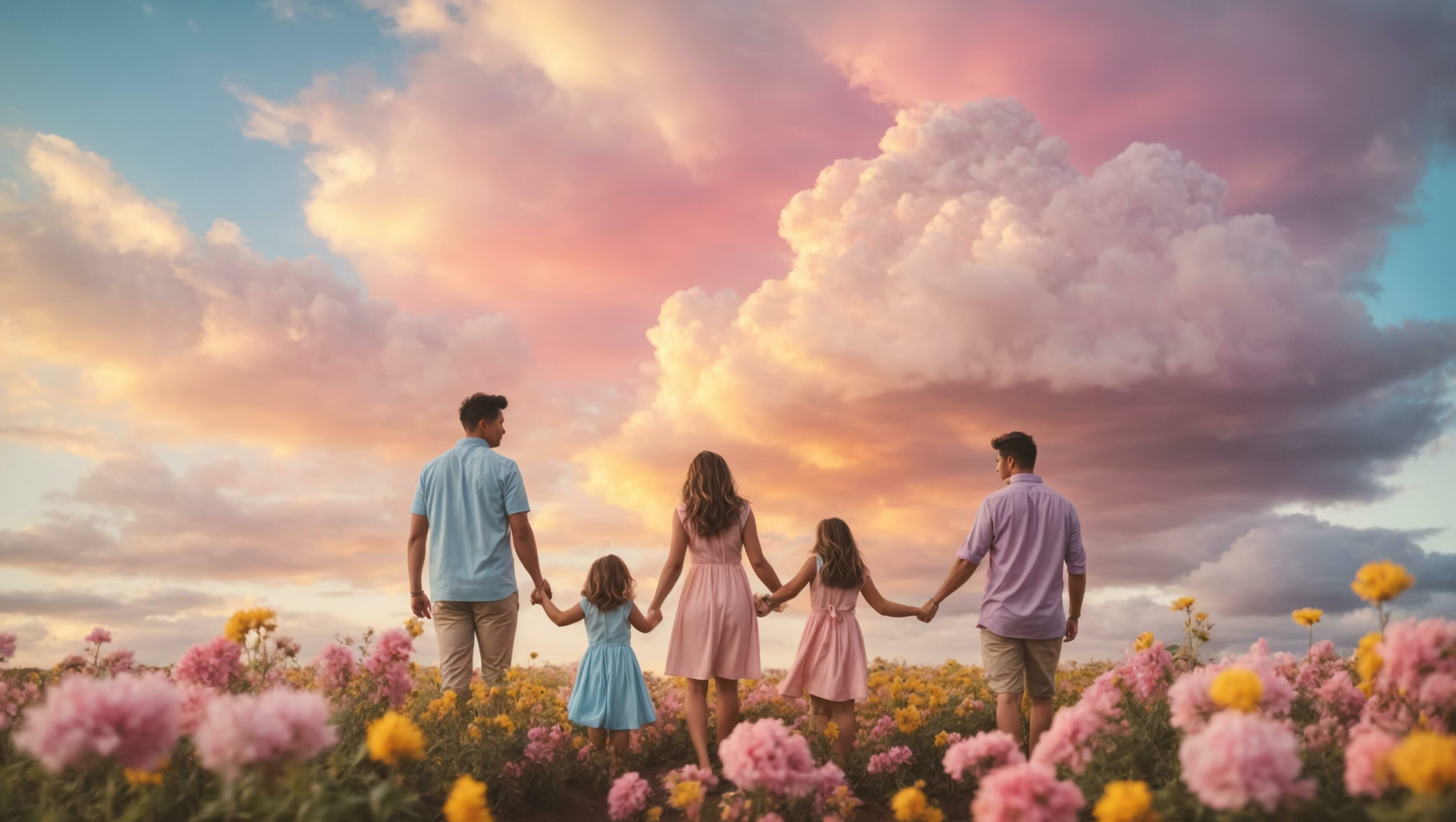 Happy family with colorful flowers with pastel sky. AI Generative Stock Free