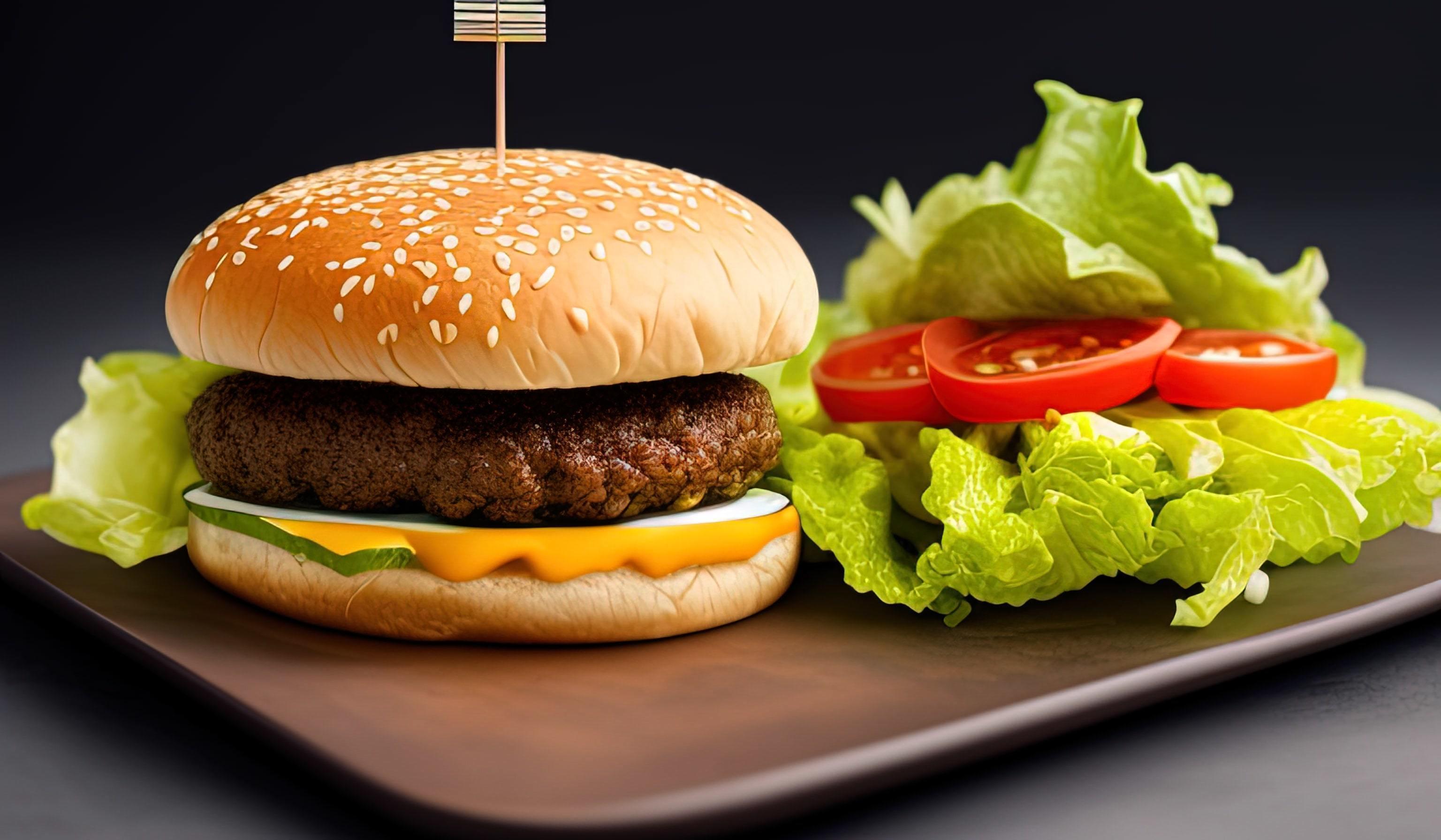 professional food photography close up of a a hamburger with lettuce and tomato on a black backgroun Stock Free