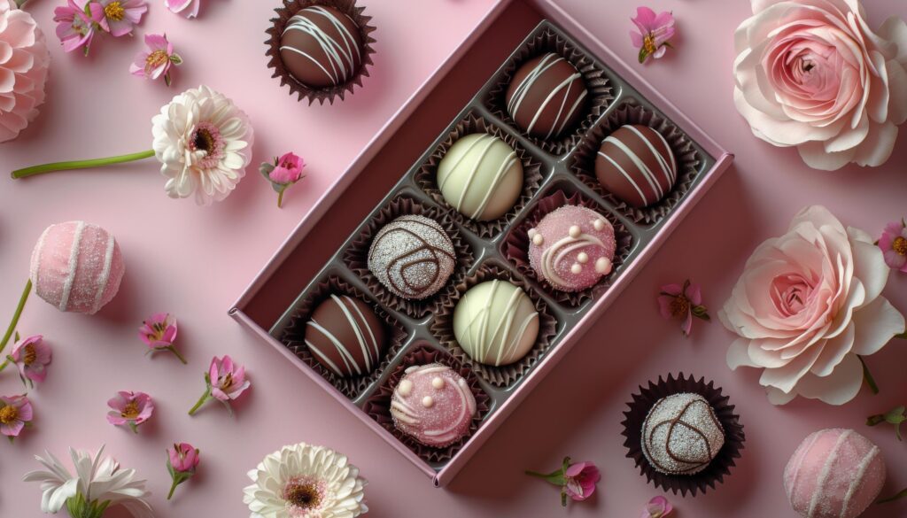 Pink and Brown Chocolate Truffles in a Box With Flowers on Pink Background Stock Free