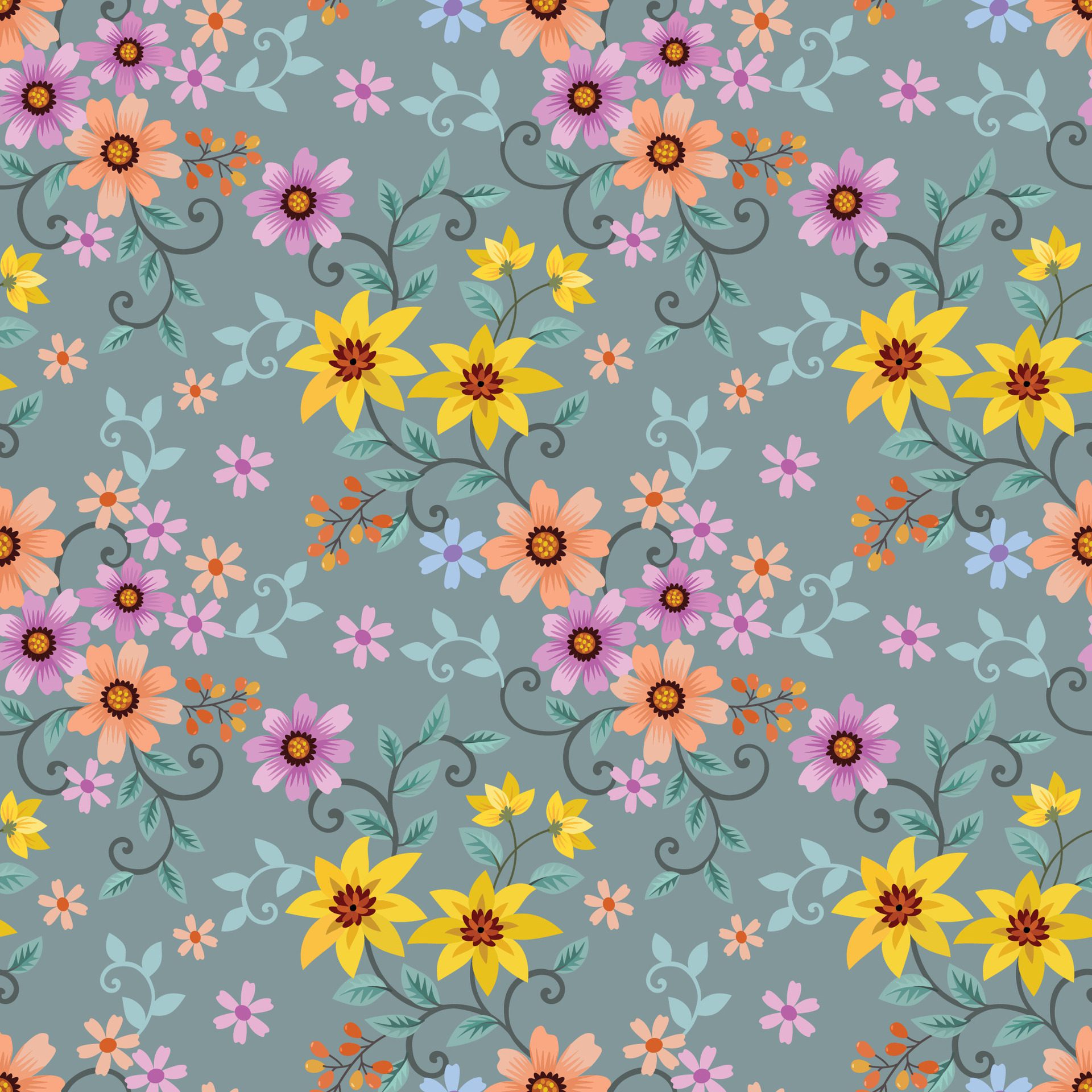 Colorful hand draw flowers seamless pattern. Free Vector