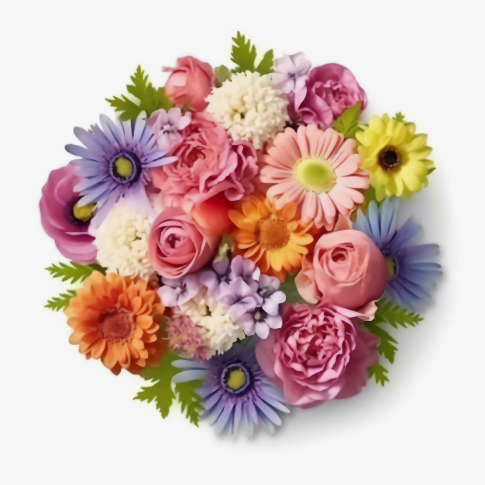 A top view of a bouquet of various colorful flowers. Isolated white background. AI Generated. Stock Free