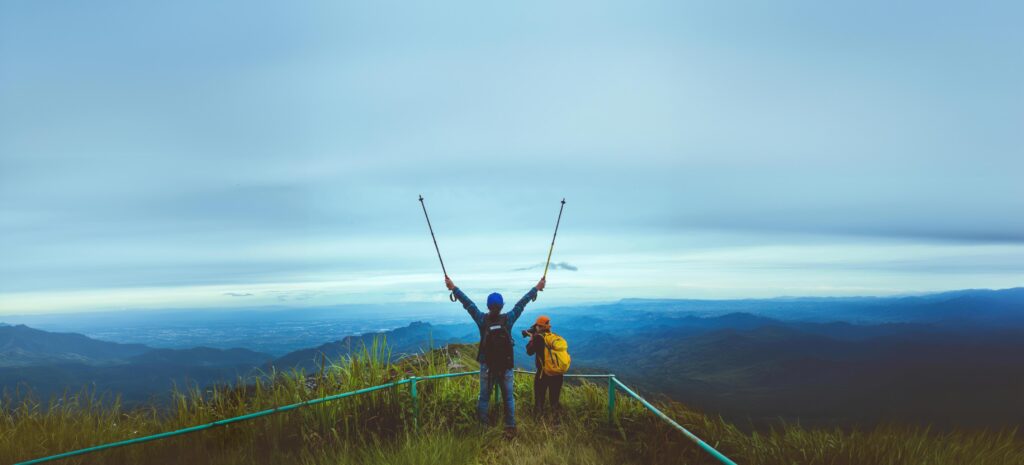 Lover woman and man Asian travel nature. Travel relax. Walk study the path Nature in the forest Stock Free