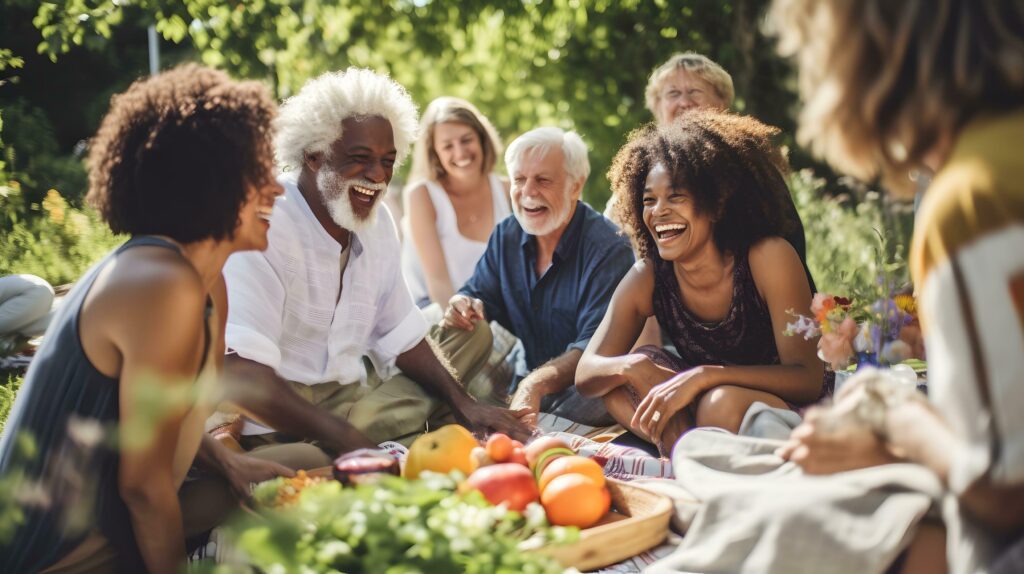 Happy senior diverse people sitting on blanket and having picnic in garden Stock Free