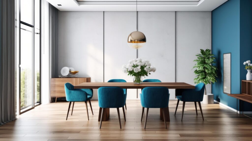 Modern interior of dinning room with blue chairs. Illustration Stock Free