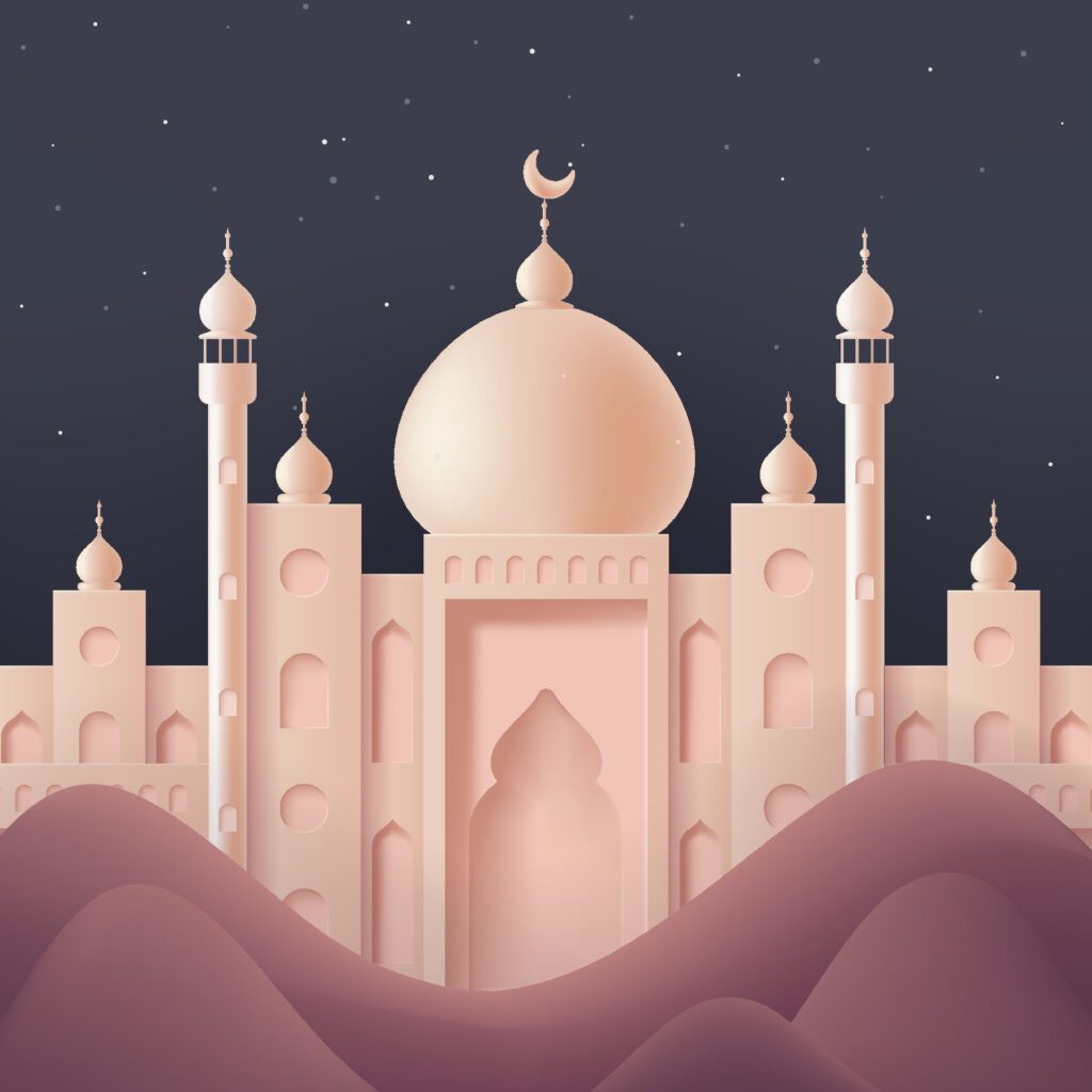 a picture of a mosque with a moon and a mosque in the background Free Vector