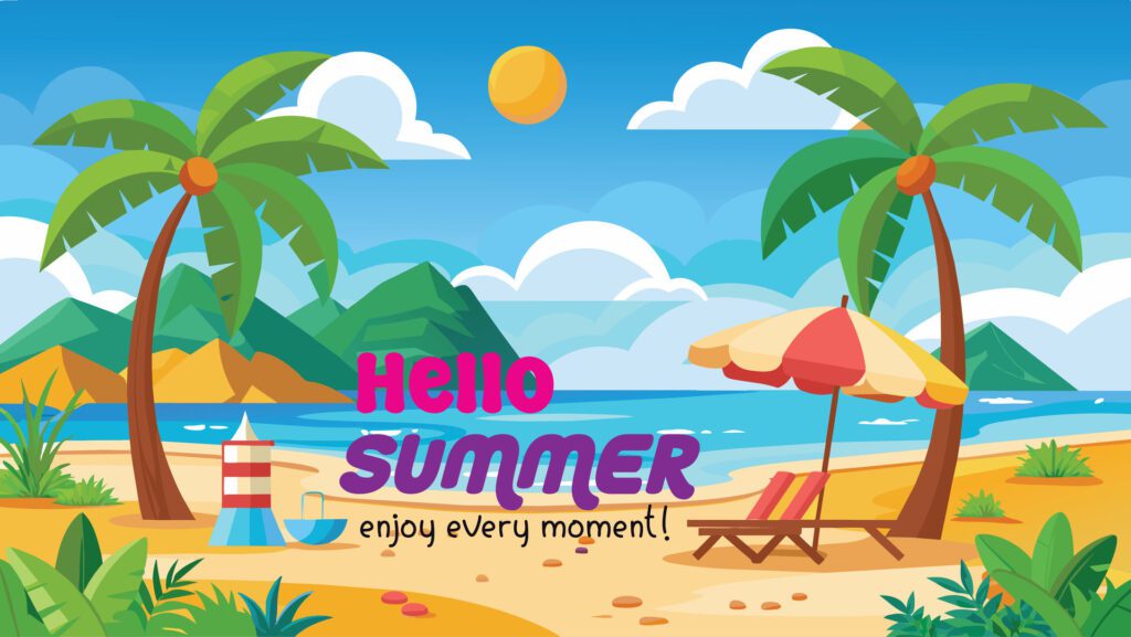 Summer beach scene banner design background Free Vector