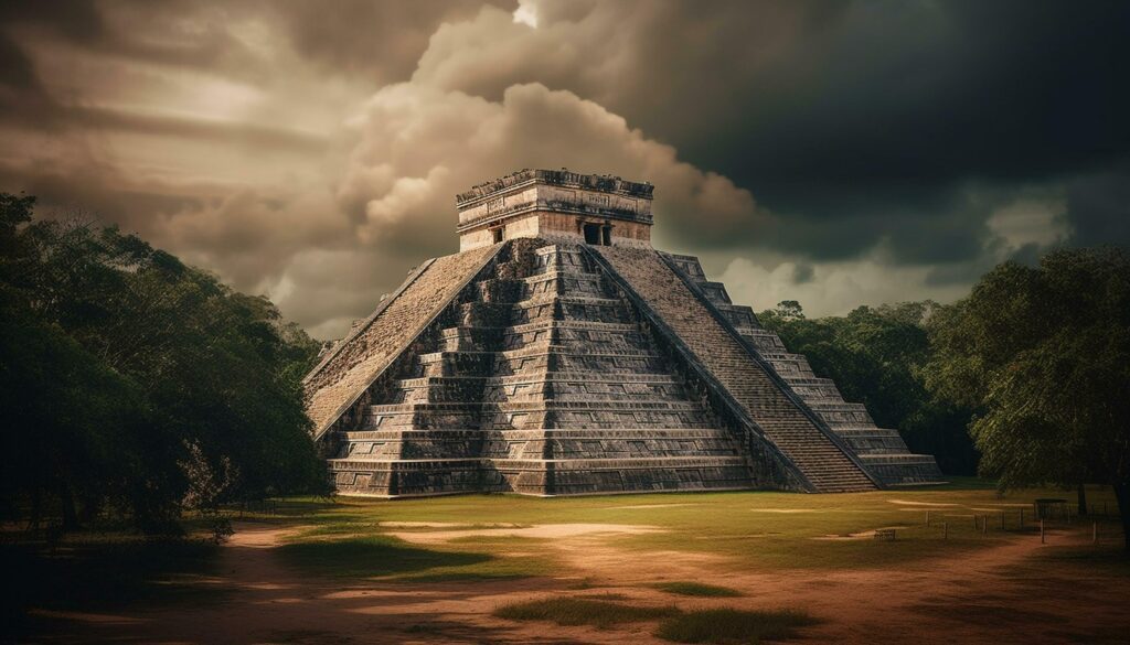 Ancient pyramid ruins of Chichen Itza, a famous travel destination generated by AI Stock Free