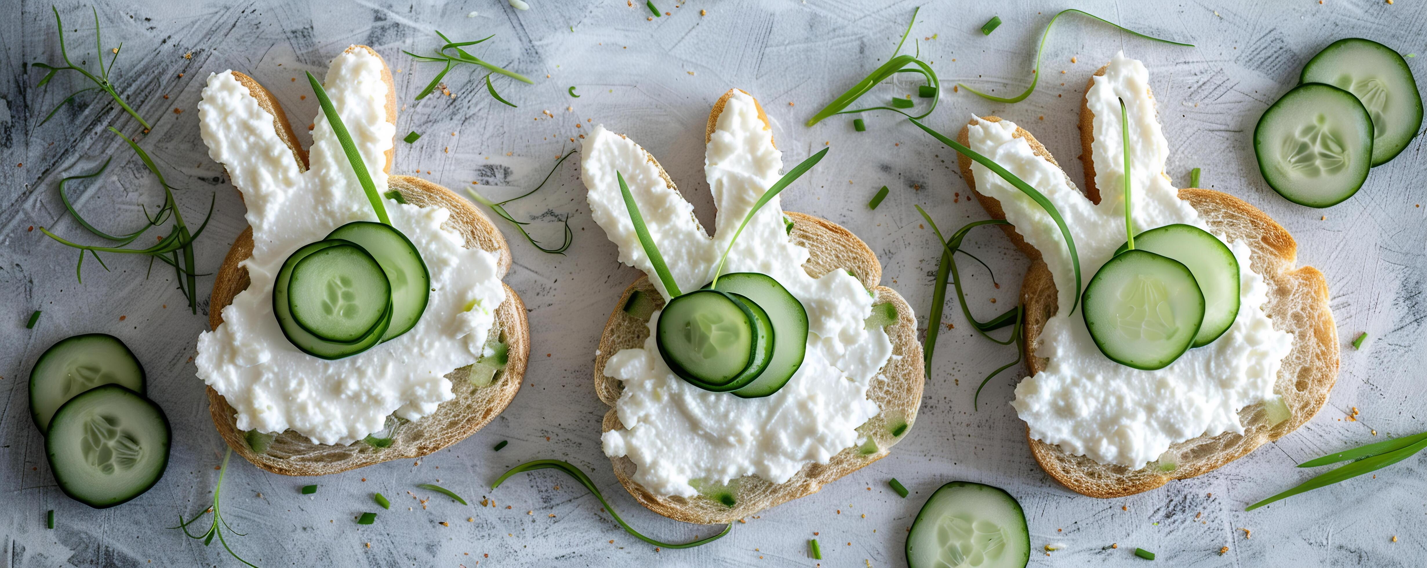 Bunny-shaped sandwiches with cream cheese and cucumber slices. Stock Free